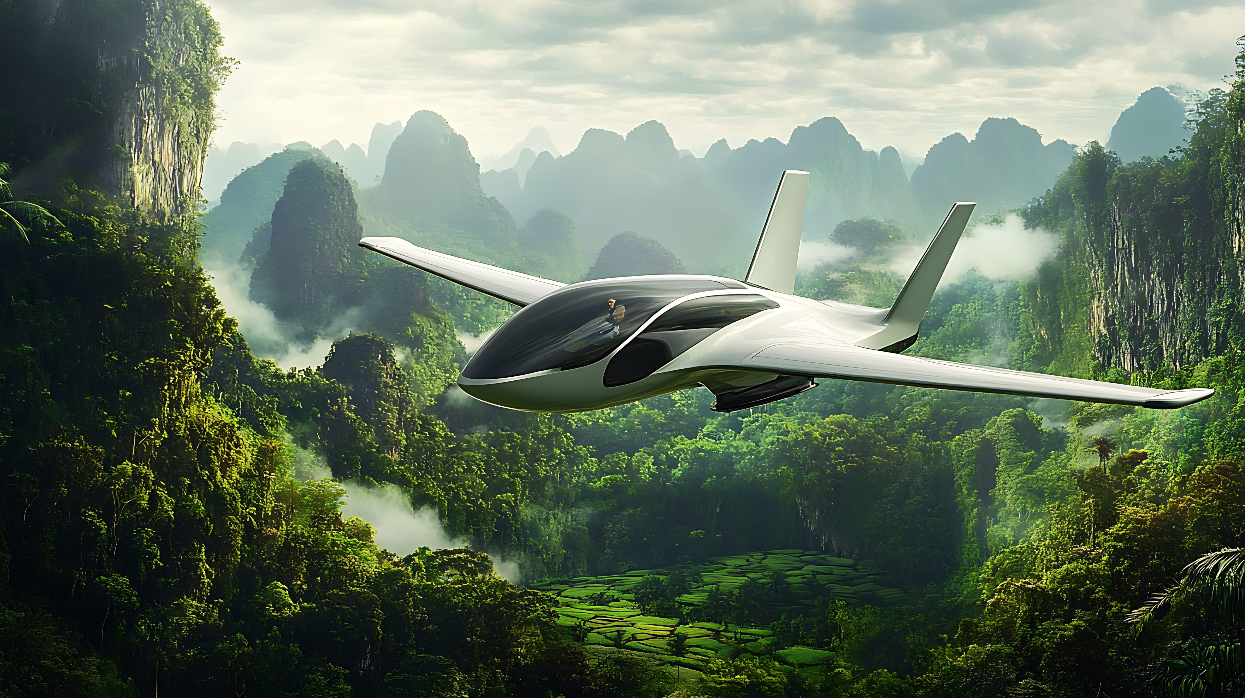 Modern airplane in verdant terrain